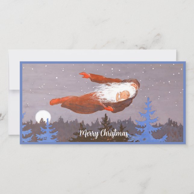 Cartão De Festividades Papai Noel Antigo e Bebê Voando no Natal  (Frente)