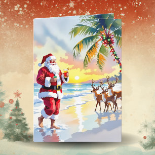 Cartão De Festividades Papai Noel aquarela & Rena na Praia Natal