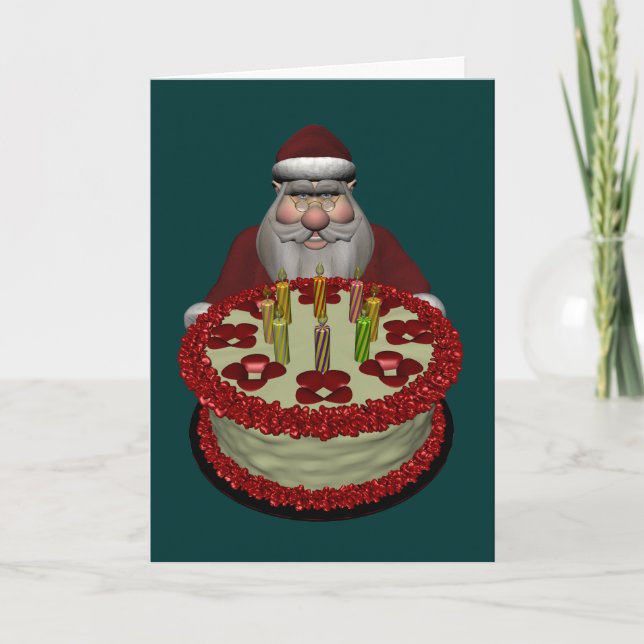 Cartão De Festividades Papai Noel com Bolo de Aniversário (Frente)