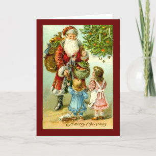 Cartão De Festividades Papai Noel com Duas Meninas Vintage Art Card