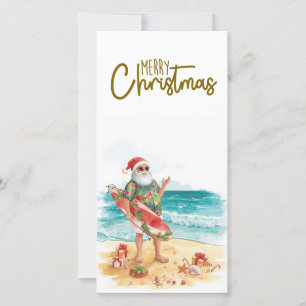 Cartão De Festividades Papai Noel com Prancha de Surfe Natal tropical