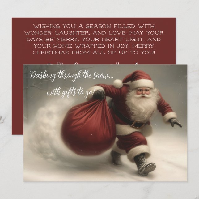Cartão De Festividades Papai Noel correndo pela neve (Frente/Verso)
