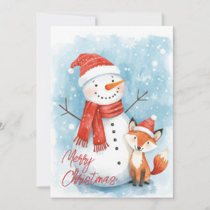 Cartão De Festividades Papai Noel de Aquarela e Raposa de Natal na Flores