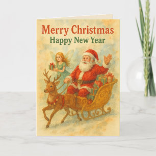 Cartão De Festividades Papai Noel de Aquarela Vintage Trenó de Natal, Ano