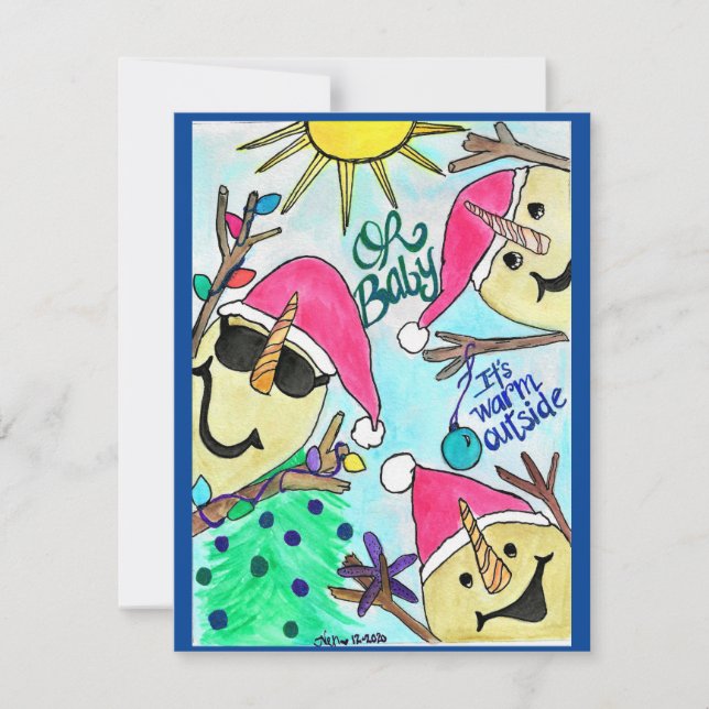 Cartão De Festividades Papai Noel de Areia - Feliz Natal, Está Quentinho  (Frente)