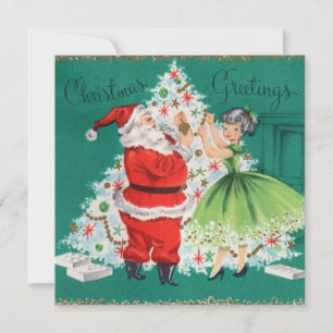 Cartão De Festividades Papai Noel de Natal Antigo e Menina Decorando a Ár