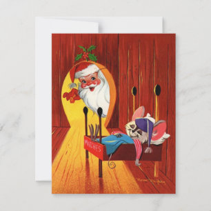 Cartão De Festividades Papai Noel de Natal Antigo Espiando pelo Buraco do