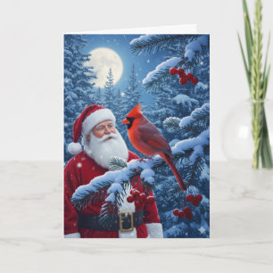 Cartão De Festividades Papai Noel de Natal com Cardinal em Árvore Nevada
