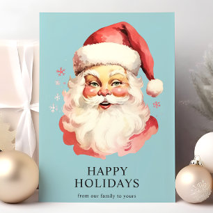 Cartão De Festividades Papai Noel de Natal em Aquarela Azul Vintage
