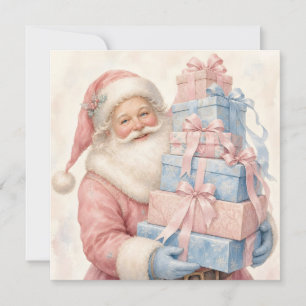 Cartão De Festividades Papai Noel de Natal Rosa Pastel com Presentes 