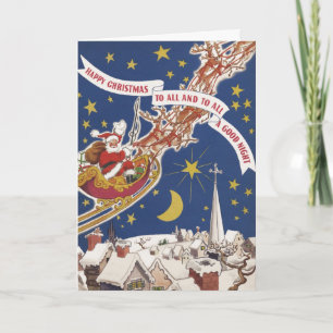 Cartão De Festividades Papai Noel de Natal Vintage com Rena voando
