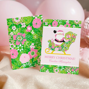 Cartão De Festividades Papai Noel de Palm Beach Préppy Rosa e Verde
