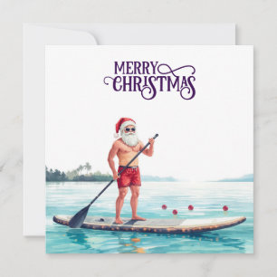 Cartão De Festividades Papai Noel de Stand-Up Paddle — Natal Costeiro de 