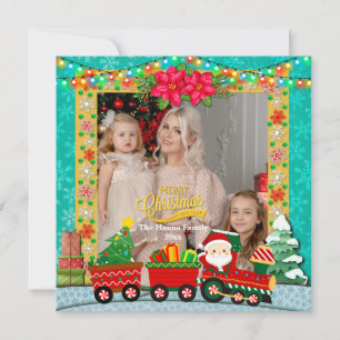 Cartão De Festividades Papai Noel de Trem com Presentes e Árvore de Natal