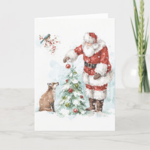 Cartão De Festividades Papai Noel Decorando uma Árvore com seus Amigos da