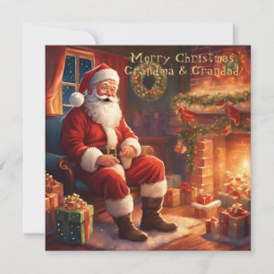 Cartão De Festividades Papai Noel descansando junto à lareira   Vovó & Vo