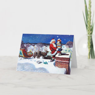Cartão De Festividades Papai Noel descendo a chaminé para entregar livros