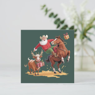 Cartão De Festividades Papai Noel do Rodeio Cowboy Ocidental & Rena no Na