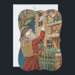 Cartão De Festividades Papai noel do vintage que traz presentes<br><div class="desc">Colorido rica e embellished com destaques do ouro,  esta ilustração bonita do Natal do Velho Mundo caracteriza os presentes vermelho-vestidos com robe de um rolamento de Papai Noel e a ondulação a uma mãe e a uma criança que o cumprimentam de seu balcão.</div>