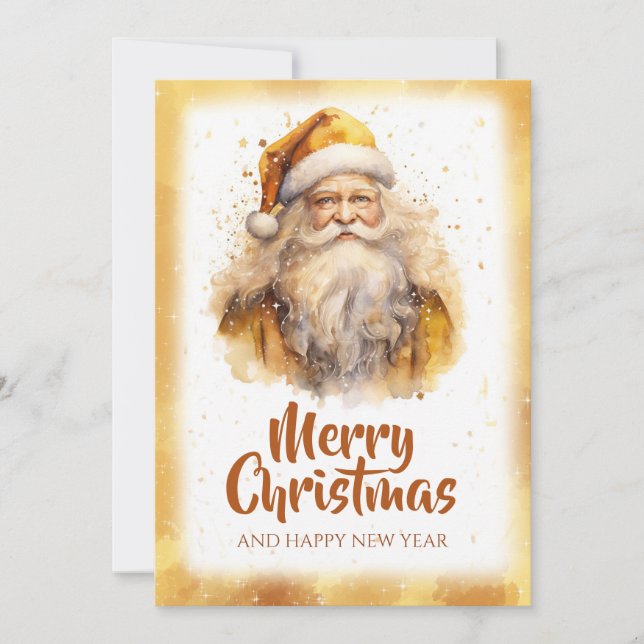Cartão De Festividades Papai Noel Dourado Aquarela (Frente)