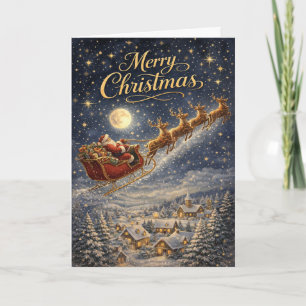 Cartão De Festividades Papai Noel Dourado Mágico Noite Céu Natal Feliz