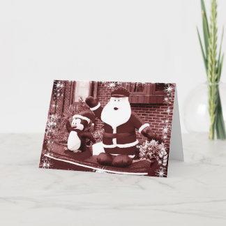 Cartão De Festividades Papai Noel e amigo pinguim acenando