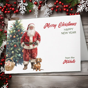 Cartão De Festividades Papai Noel e Cachorro Dachshund Vermelho Natal