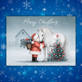 Cartão De Festividades Papai Noel e Cavalo Branco Magnífico Natal de Inve