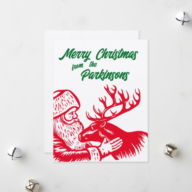 Cartão De Festividades Papai Noel e Rena de Xilogravura Antiga (Frente/Verso In Situ)