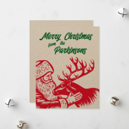 Cartão De Festividades Papai Noel e Rena em Xilogravura Clássica