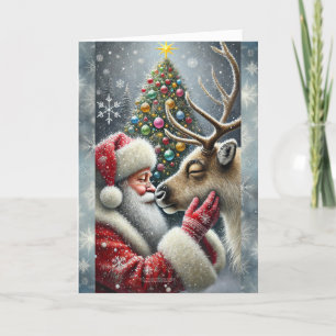 Cartão De Festividades Papai Noel e Rena, Floresta Nevada, Árvore de Nata