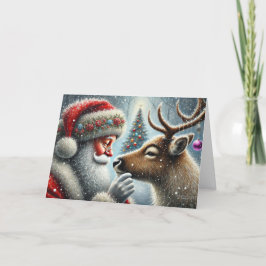 Cartão De Festividades Papai Noel e Rena, Floresta Nevada, Árvore de Nata