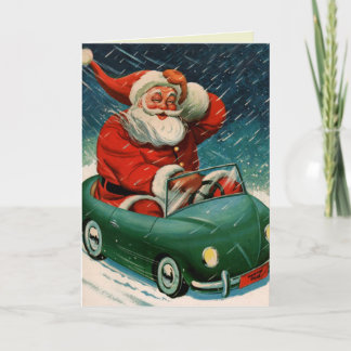 Cartão De Festividades Papai noel e seu carro elétrico