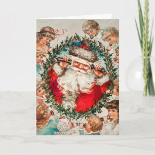 Cartão De Festividades Papai Noel em telefones de corda ouvindo as crianç
