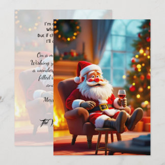 Cartão De Festividades Papai Noel engraçado relaxando com vinho tinto