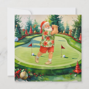 Cartão De Festividades Papai Noel está jogando golfe no green de putting