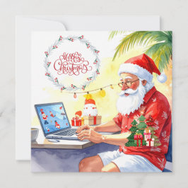 Cartão De Festividades Papai Noel está trabalhando na linha no feriado de