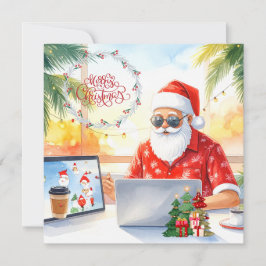 Cartão De Festividades Papai Noel está trabalhando na linha no feriado de