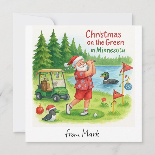 Cartão De Festividades Papai Noel golfista jogando golfe com vista para o (Frente)