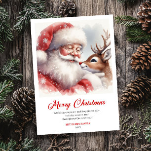 Cartão De Festividades Papai Noel Jovial e Rudolph Saudação de Natal