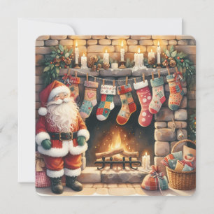 Cartão De Festividades Papai Noel junto à Lareira Meias de Natal