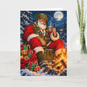 Cartão De Festividades Papai Noel Militar Fogueira Natal