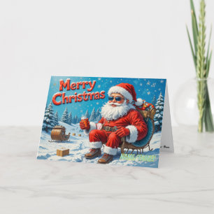 Cartão De Festividades Papai Noel Moderno e Legal na Floresta Nevada