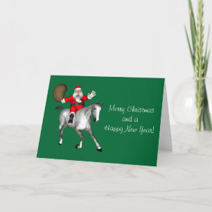 Cartão De Festividades Papai Noel montado em um cavalo cinza