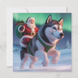 Cartão De Festividades Papai Noel Montado em um Husky Gigante Através da