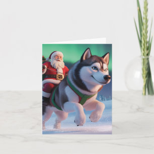 Cartão De Festividades Papai Noel Montado em um Husky Gigante Através da 