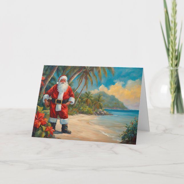 Cartão De Festividades Papai Noel na Praia Tropical  (Frente)
