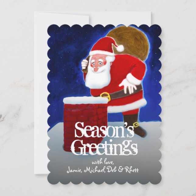 Cartão De Festividades Papai Noel no telhado, olhando na chaminé (Frente)