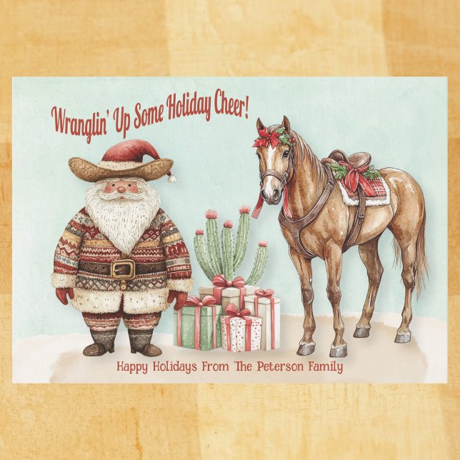 Cartão De Festividades Papai Noel ocidental personalizado (Western Santa watercolor card with cactus, horse, and gifts – Wranglin’ Up Some Holiday Cheer!

)