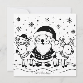 Cartão De Festividades Papai Noel Preto e Branco com Rena